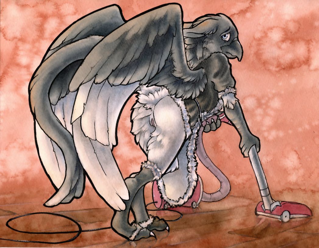 2014 anthro avian bird black_feathers bottomless cleaning female furry looking_at_viewer looking_back maid maid_uniform plumy pussy raised_tail ruaidri solo vacuum_cleaner white_feathers wings