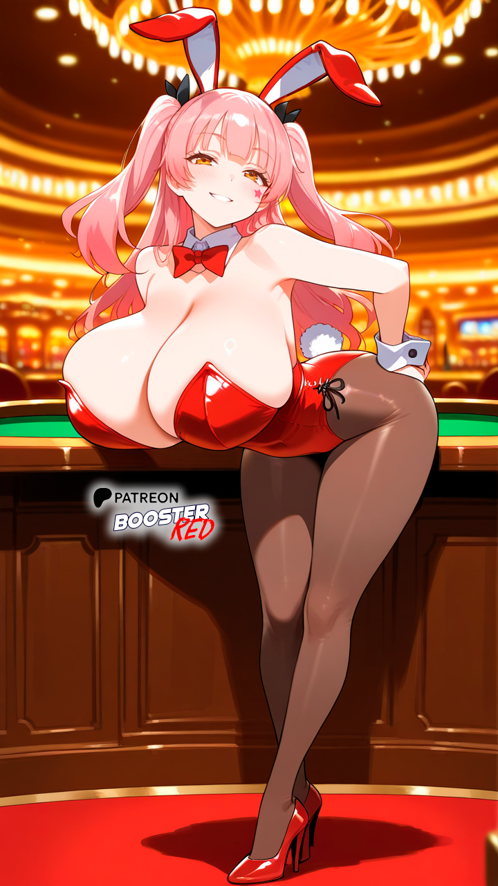 ai_generated boosterred99 bow bowtie bunny bunny_costume bunny_ears bunny_girl bunny_tail bunnysuit casino cuffs fujinoki_nene full_body fully_clothed gal hajimete hajimete_no_gal high_heels illustrious_(stable_diffusion) legs leotard long_hair no pantyhose pink_hair playboy_bunny pony_diffusion_xl red_bow red_high_heels red_leotard star twintails yellow_eyes