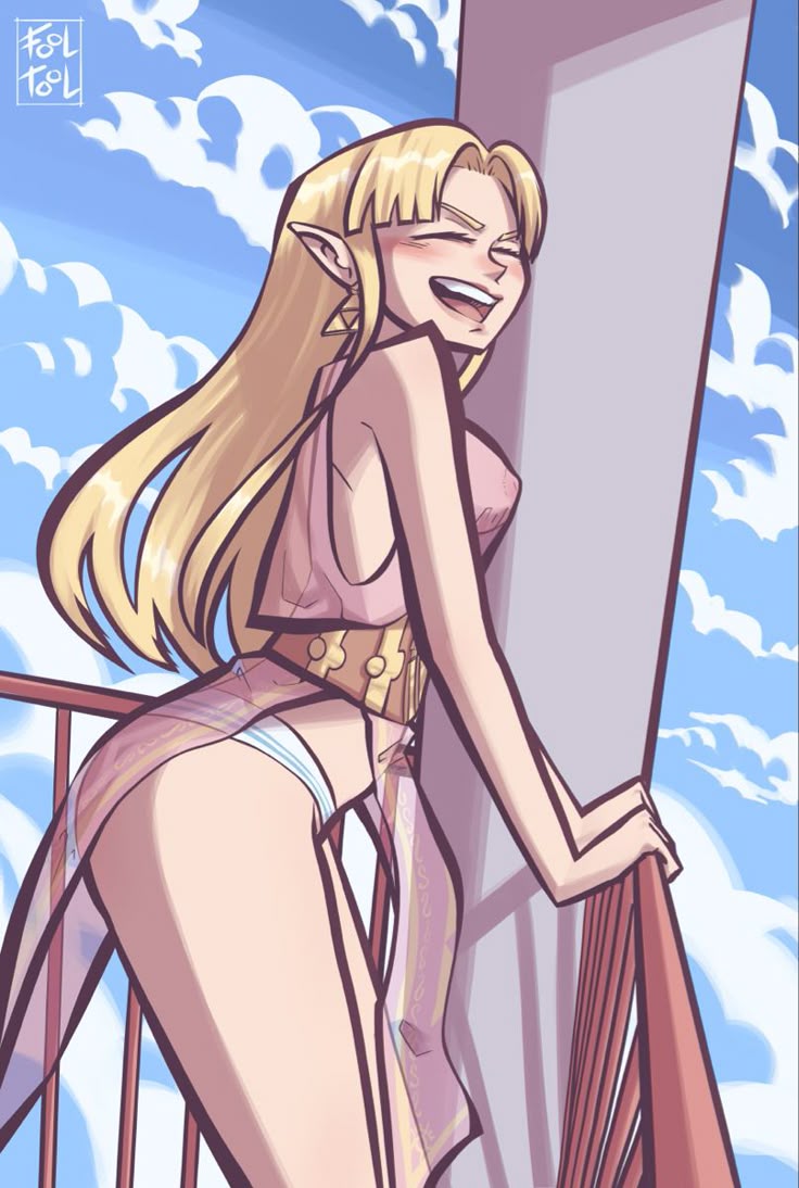 a link between worlds, balcony, belt, blonde hair, blue sky, blush, closed eyes, clothed, clothing, clouds, earrings, female, fool tool, happy, long hair, nipples, nipples visible through clothing, open mouth, pointy ears, princess zelda, see-through clothing, see-through top, super smash bros. ultimate, the legend of zelda, thighs, triforce earrings, underwear, zelda (a link between worlds)