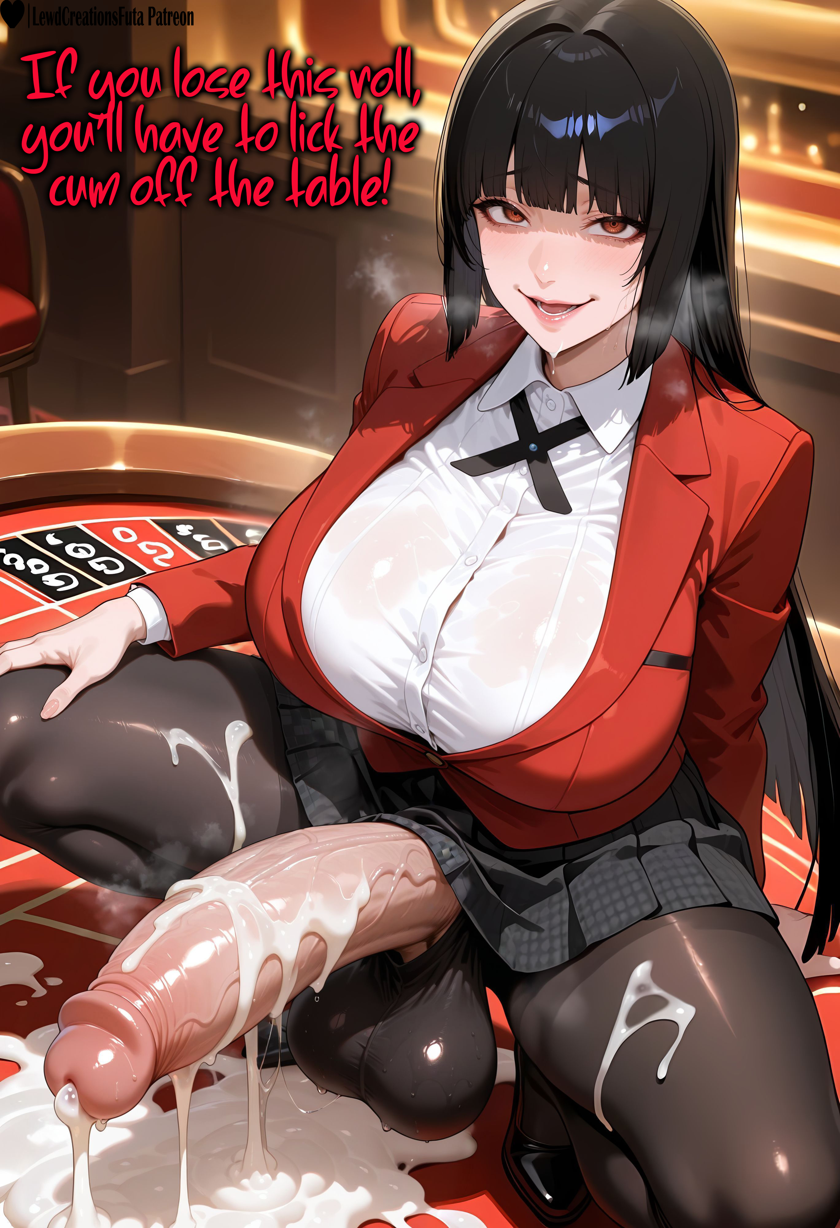 1girls, absurd res, ai generated, balls, black hair, breasts, brown eyes, cumdrip, cumshot, curvy, curvy figure, dickgirl, erection, excessive cum, female, futa only, futadom, futanari, high resolution, highres, huge balls, huge cock, intersex, jabami yumeko, kakegurui, lewdcreationsfuta, looking at viewer, mature, mature female, mature woman, pantyhose, pencil skirt, penis, penis out, precum, precum drip, precum on penis, precum string, red jacket, sexually suggestive, shoes, skirt, smirk, smug, solo, solo female, solo focus, squatting, tagme, thick, thick legs, thick thighs, thighs, veiny, veiny penis, white shirt