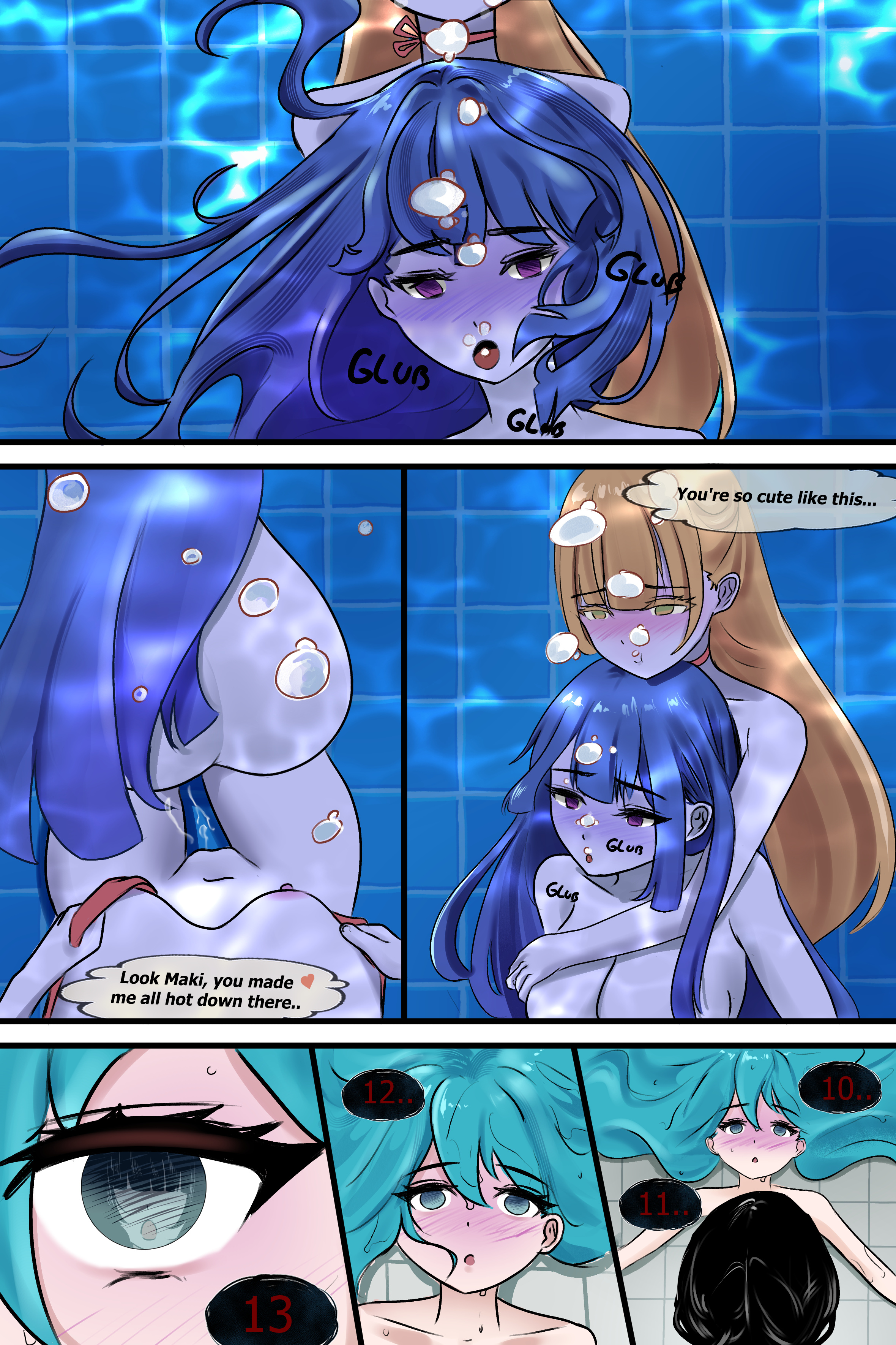 4girls, air bubbles, asphyxiation, big breasts, black hair, blonde hair, blue eyes, blue hair, breasts, counting, cpr, dark hair, drowned, drowning, empty eyes, exposed, female, green eyes, marima666 (artist), naked, nipples, pool, purple eyes, pussy, pussy juice, pussy juice drip, removing bra, small breasts, swimming pool, underwater, water