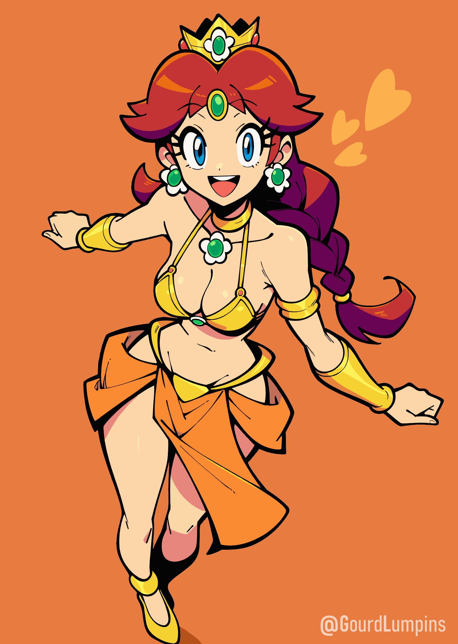 :d, ai assisted, ai generated, alternate costume, anklet, armlet, bikini, blue eyes, bracelet, braid, breasts, brown hair, choker, cleavage, crown, cute, earrings, female, flower earrings, forehead jewel, gold bikini, gourdlumpins, heart, jewelry, mario (series), mario kart, mario kart world, medium breasts, metal bikini, navel, nintendo, pelvic curtain, pendant, princess, princess daisy, pumps, simple background, super smash bros.