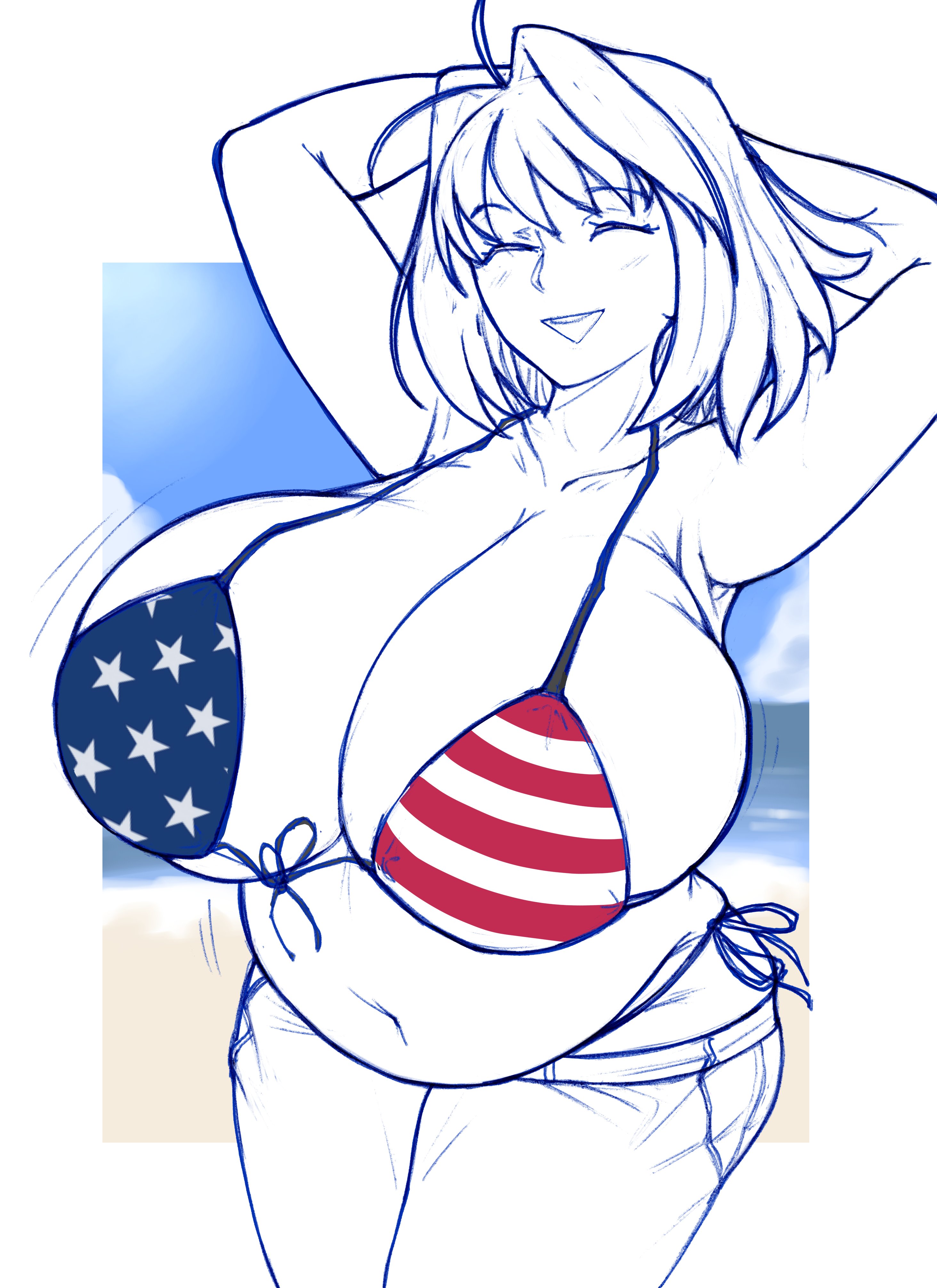 :d, 4th of july, ahoge, american flag bikini, arcueid brunestud, armpits, beach, belly, big breasts, bikini, bikini bottom, bikini top, blush, bouncing breasts, breasts, breasts bigger than head, cleavage, closed eyes, enormous breasts, female, gigantic breasts, hands behind head, huge boobs, huge breasts, hyper, hyper breasts, jeans, large boobs, large breasts, massgrave, melty blood, motion lines, navel, ocean, plump, pot belly, short hair, smile, top heavy, tsukihime, usa bikini