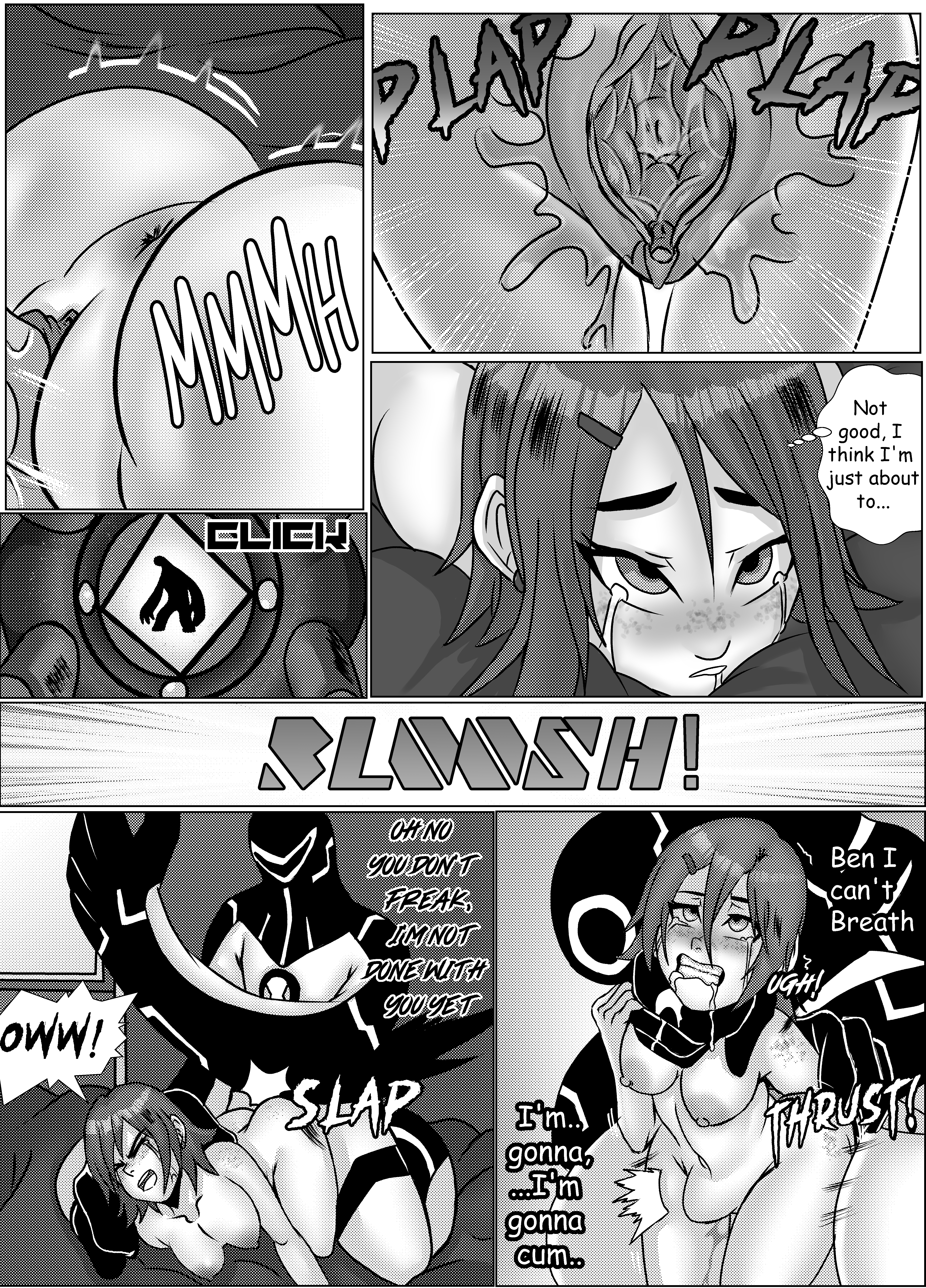 1boy, 1girls, aroused, bedroom, ben 10, ben tennyson, cartoon network, choking, comic, cousins, darkfang100, defenseless, drooling, english text, evil grin, female, forced sex, green eyes, gritted teeth, gwen tennyson, horny, incest, inside view, male, mind control, monochrome, nude, orange hair, pinned down, plap, rape, screentones, sex, shivering, shocked eyes, short hair, snot, struggling, tears, text