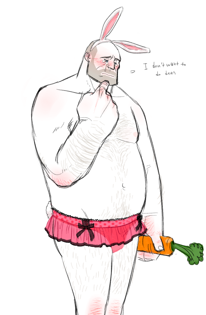 arm_hair bald bara bunny_ears bunny_tail carrot chest_hair chubby chubby_male crossdressing crying embarassed embarassed_male essor0706 hairy_male heavy_weapons_guy leg_hair microskirt miniskirt shy stubble team_fortress_2