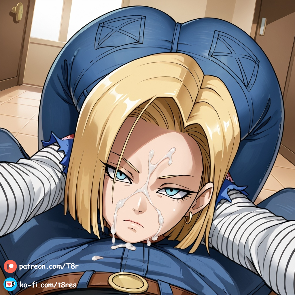 ai_generated android_18 angry ass_up big_ass blonde_hair blue_eyes bubble_butt cum_on_face dragon_ball dragon_ball_super dragon_ball_z facial looking_at_viewer patreon pov t8r