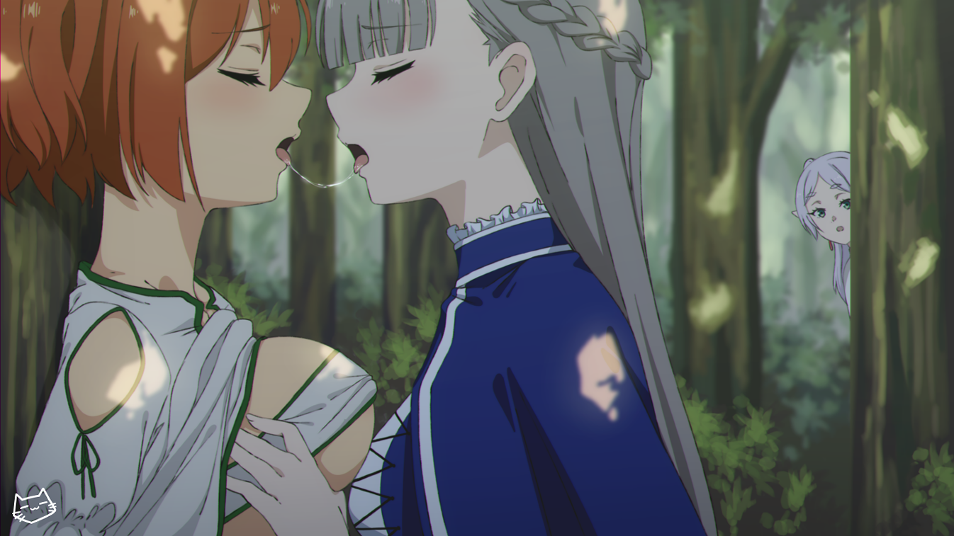 2girls, 3girls, after kiss, breast grab, breasts, closed eyes, elf, elf female, female, female only, female/female, forest, frieren, frieren beyond journey's end, grey hair, grey-haired female, kanne (sousou no frieren), lawine (sousou no frieren), lesbian couple, lesbian kiss, long hair, multiple females, multiple girls, orange hair, orange-haired female, saliva, saliva string, sousou no frieren, tits, watching, white hair, white-haired female, yuri