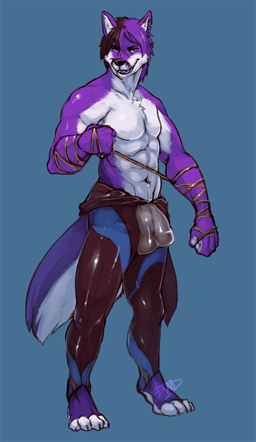 abs anthro boulevard bulge canine folf fox fur furry hair hybrid looking_at_viewer male male_only muscles purple_fur rope shyloc solo standing topless wetsuit wolf