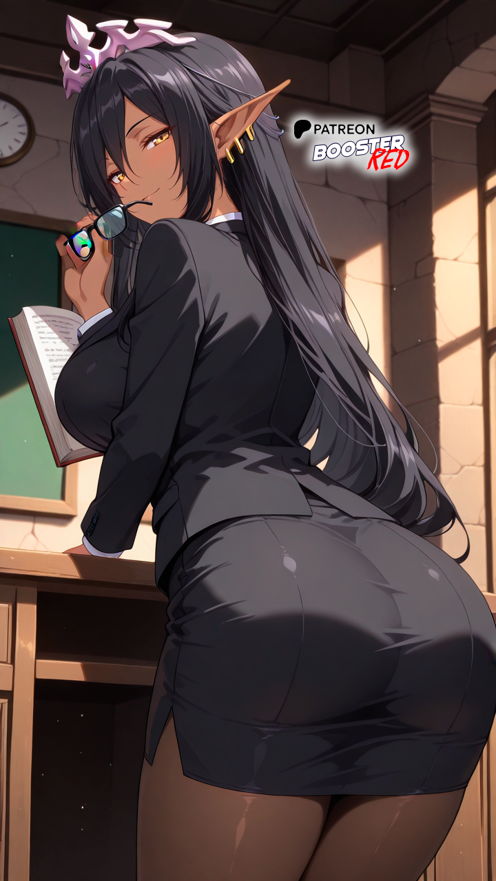 ai_generated ass ass_focus black_hair black_skirt boosterred99 dark_elf dark_skin elf elf_ears from_behind from_behind_position glasses illustrious_(stable_diffusion) kuroinu_2_~inyoku_ni_somaru_haitoku_no_miyako,_futatabi~ kuroinu_~kedakaki_seijo_wa_hakudaku_ni_somaru~ large_breasts long_hair olga_discordia pantyhose pony_diffusion_xl school shirt skirt thighs tiara white_shirt yellow_eyes