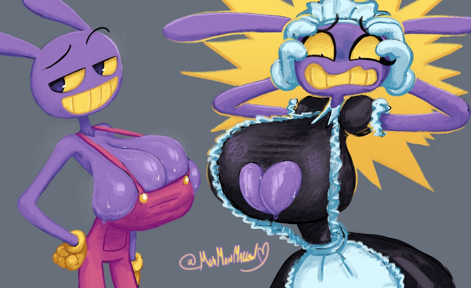1boy, anthro, breasts, bunny boy, busty male, cleavage, cleavage cutout, clothed, embarrassed, female, female jax, femboy, femboy maid, femboy with breasts, glitch productions, huge breasts, jax (the amazing digital circus), maid, maid jax (the amazing digital circus), maid uniform, male, male only, male with breasts, monmonmallow, overalls, purple body, smug, solo, the amazing digital circus, top heavy