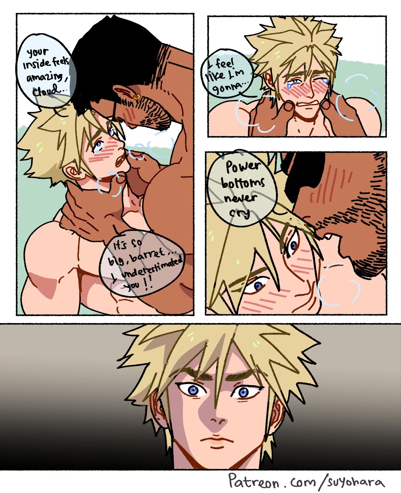 2boys, barret wallace, beard, black body, black hair, blonde hair, blue eyes, blush, clothed, cloud strife, dark skin, dark-skinned male, english text, final fantasy, final fantasy vii, gay, gay sex, glasses, interracial, light skin, light-skinned male, male, male only, male/male, meme, meme reference, multiple panels, muscular, muscular male, panels, queen never cry, sex, size difference, speech bubble, suyohara, twink, white skin, yaoi