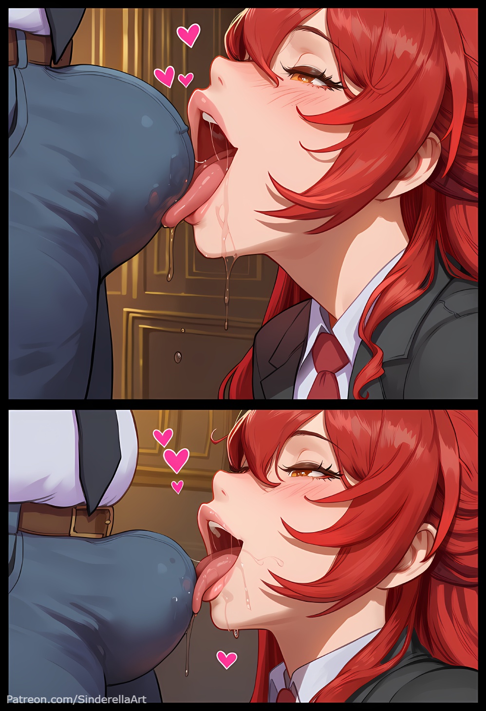 1boy, 1girls, ai generated, breasts, bulge, bulge under clothes, busty, commission, female, formal, himeko (honkai: star rail), honkai (series), honkai: star rail, licking bulge, male, milf, office, office lady, oral invitation, patreon, patreon url, patreon username, saliva, secretary, sinderellaart, thick, tongue, tongue out, voluptuous, wet mouth