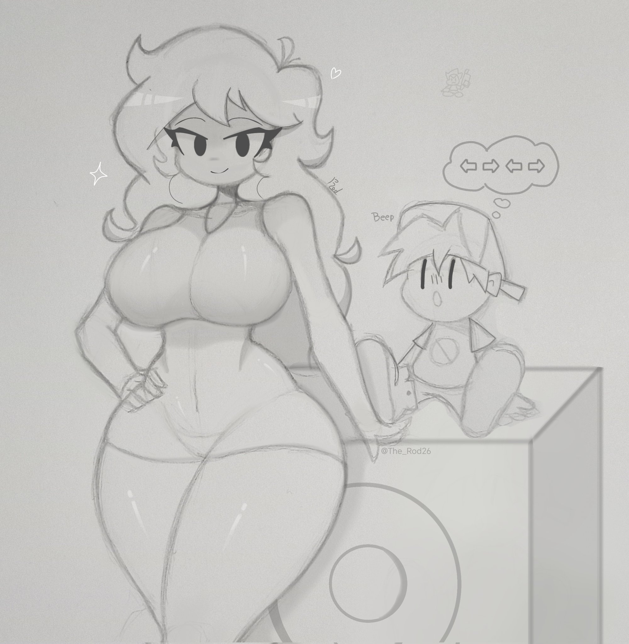 1boy, 1girls, boyfriend (friday night funkin), breasts, dress, duo, female, female focus, friday night funkin, girlfriend (friday night funkin), looking at viewer, male, smaller male, smile, smiling at viewer, taller female, the rod26, thick thighs, thighs