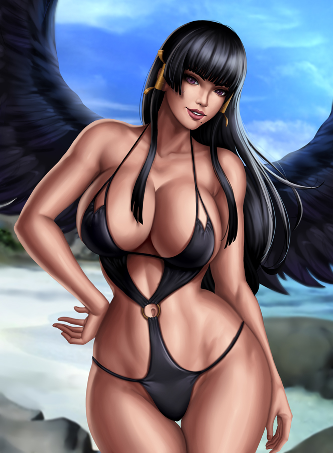 big breasts, black hair, breasts, cleavage, dead or alive, female, female only, flowerxl, large breasts, looking at viewer, nyotengu, one-piece swimsuit, pinup, solo, swimsuit, wings