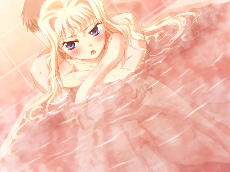 female bath blonde_hair blush breasts buoyant_hair cleo_cragganmore game_cg glasses harem_party long_hair mixed_bathing nude sex uncensored vaginal_penetration vaginal_penetration water