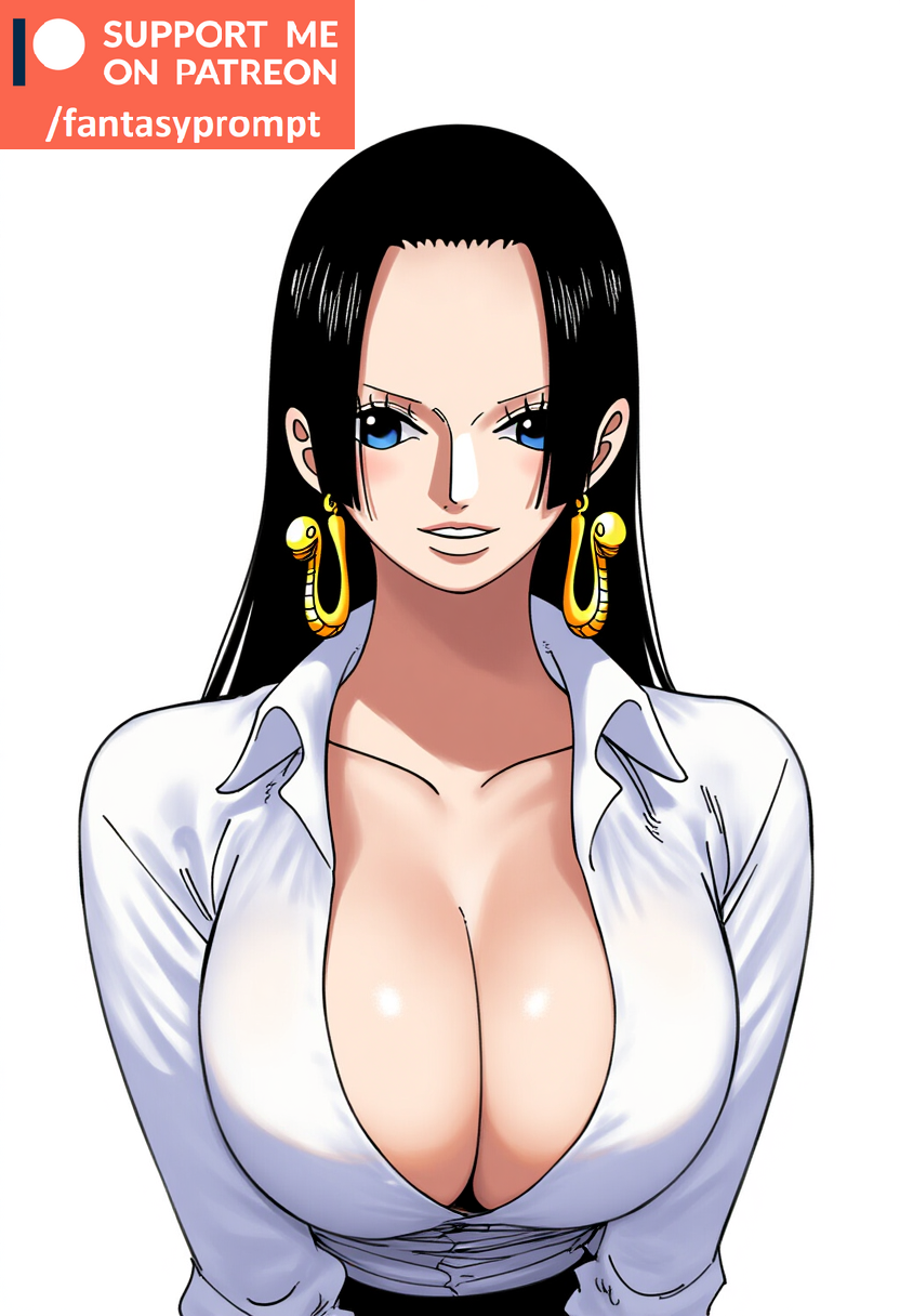 ai_generated black_hair blue_eyes boa_hancock cleavage clothing fantasyprompt female female_only huge_breasts long_hair one_piece revealing_clothes smile