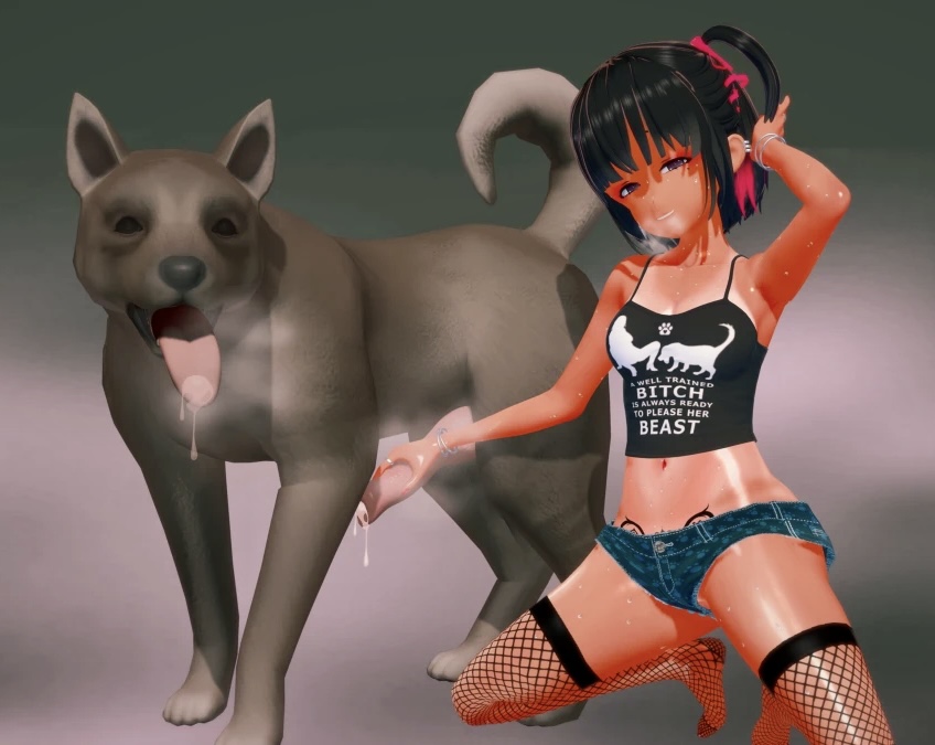 3d, bangs, black hair, bob cut, breasts, canine, canine on human, canine penis, eye contact, female, female on feral, feral, feral on female, feral on human, fishnets, handjob, human on feral, imminent bestiality, imminent sex, interspecies, koi yukino, leaking cum, leaking precum, legwear, looking at viewer, male, original, penis, precum, pubic tattoo, purple eyes, seductive, shirt, short shorts, skinny, small breasts, tan, tan lines, tan skin, tattoo, text, text on clothing, womb tattoo, zoophilia
