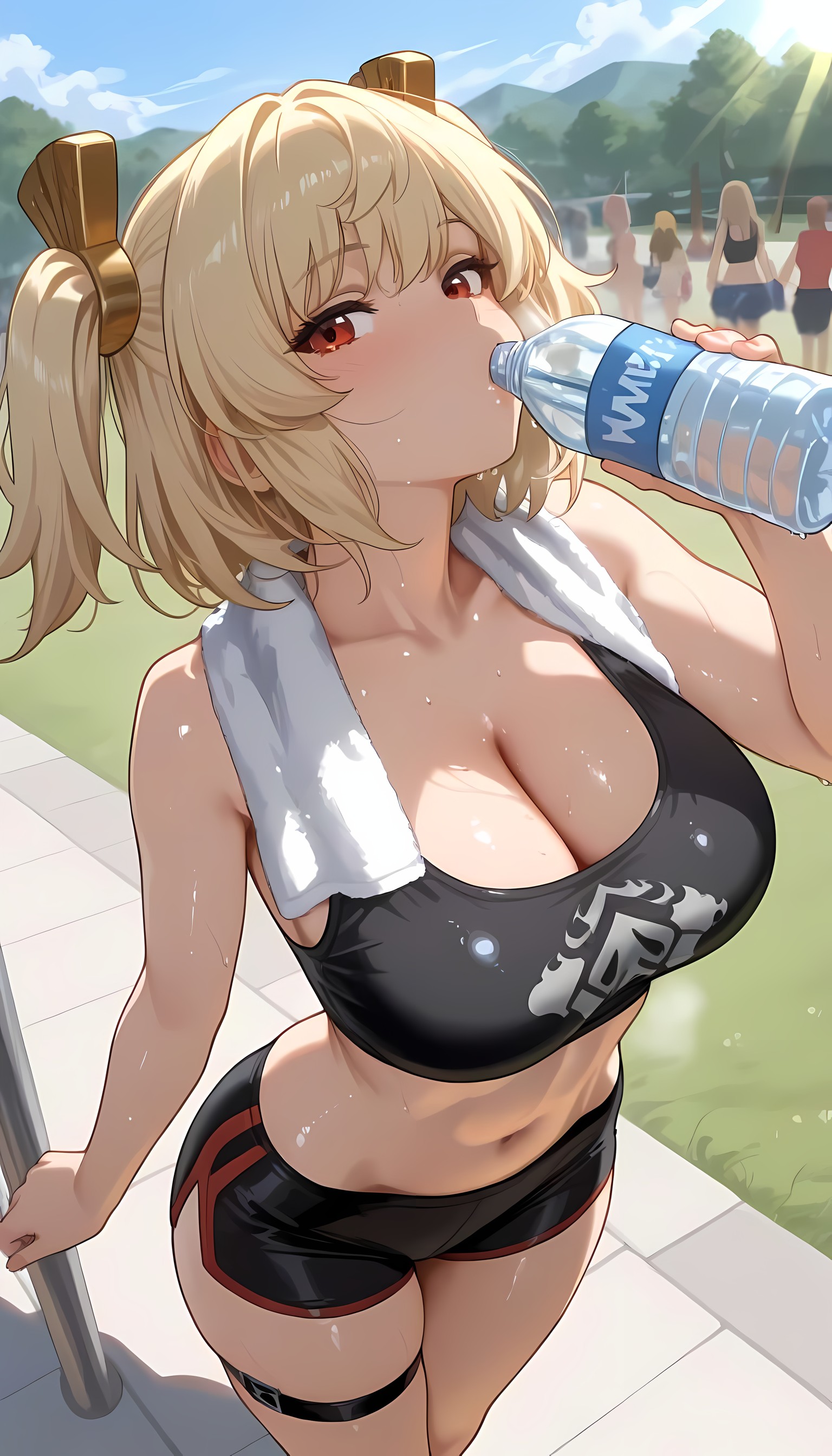 ai generated, blonde hair, breasts, burnice white, female, hoyoverse, large breasts, looking at viewer, navel, sweat, zenless zone zero