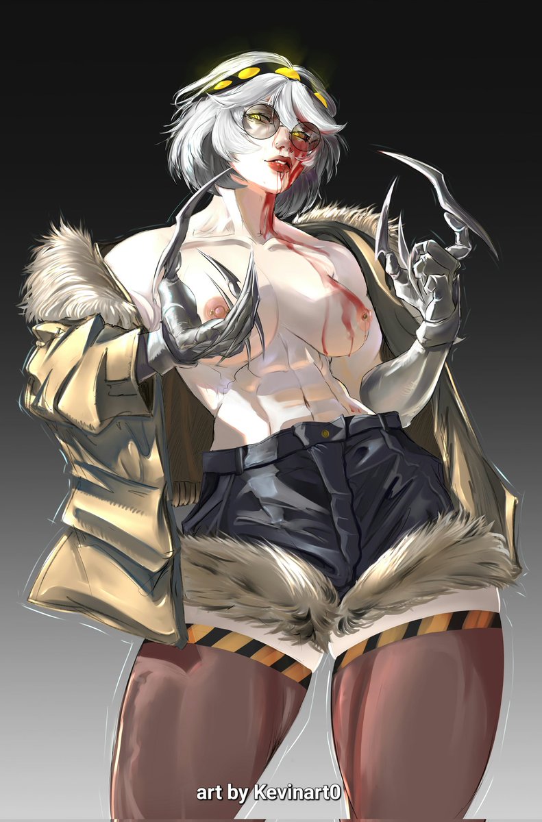 1girls, abs, blood, breasts, claws, female focus, female only, glasses, grey hair, jacket, kevinart0, murder drones, pants, thick thighs, v (murder drones), vampire, vampire girl