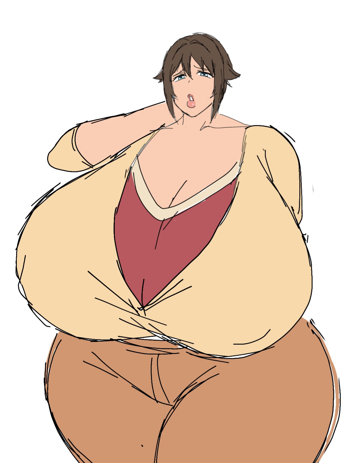 1girls, 2d, 2d (artwork), alternate body type, alternate breast size, ass, big breasts, breasts, breasts bigger than head, busty, busty female, curvy, curvy body, curvy female, curvy figure, digital drawing (artwork), digital media (artwork), female, female focus, female only, haha musume donburi oppai tokumori bonyuu shiru dakude, huge breasts, hyper, hyper ass, hyper breasts, kissable lips, large breasts, mature, mature body, mature female, mature figure, mature woman, milf, momiji (artist), sakie (haha musume donburi), simple background, solo, solo female, solo focus, twitter link, upper body, white background