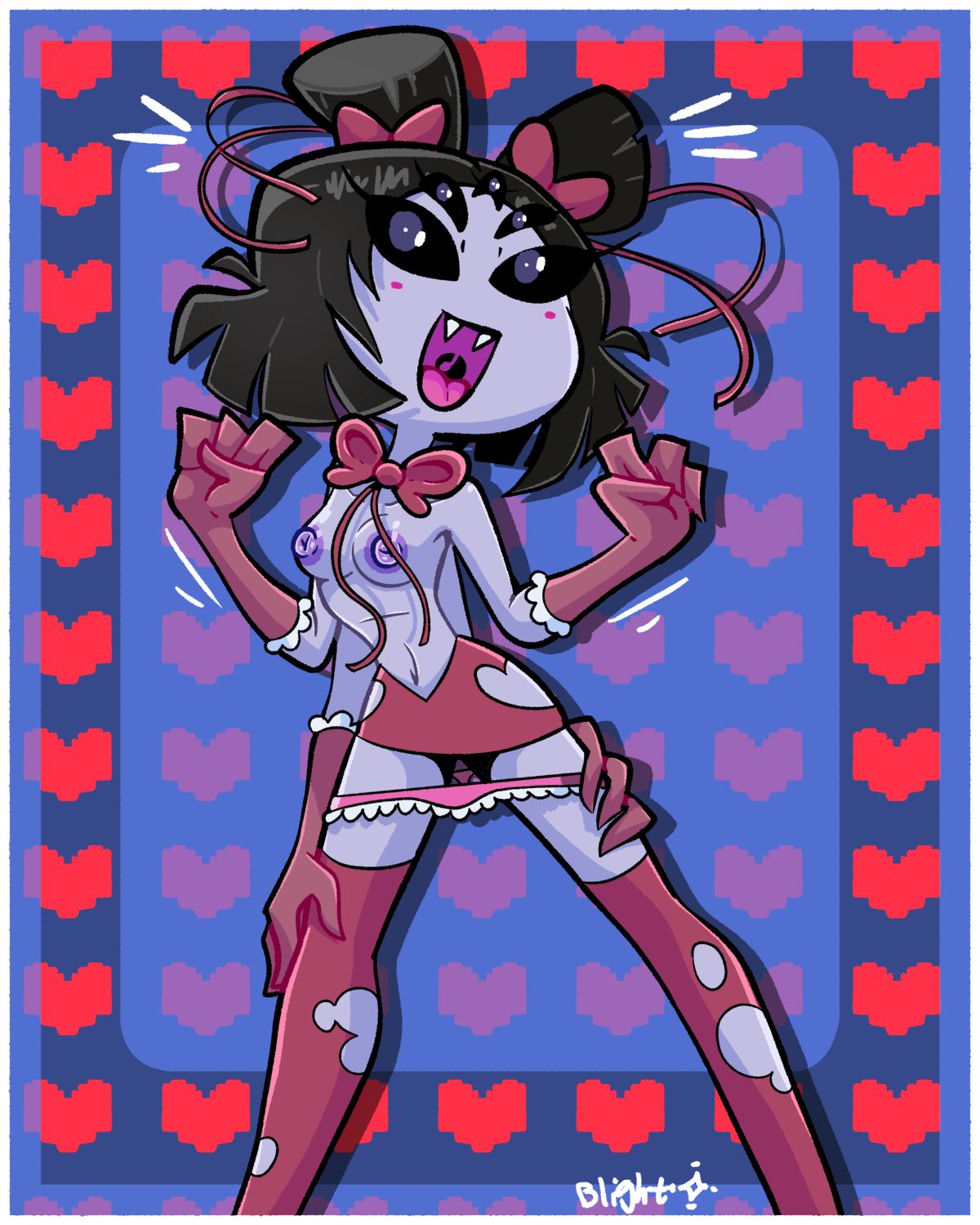 4_arms 5_eyes anthro black_hair blightstar blush bowtie excited fangs gloves hair_ornament hair_ribbon hand_on_hip hand_on_thigh hip_windows looking_at_viewer miniskirt monster monster_girl muffet panties_around_legs panties_down pinup pinup_pose purple_body small_breasts smile solo spider_girl tagme topless torn_legwear undertale