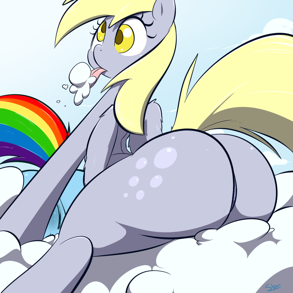 2014 ass blonde_hair blue_fur cloud color cutie_mark day derpy_hooves duo equine female friendship_is_magic fur furry grey_fur hair horse my_little_pony outdoors pegasus pony pussy rainbow_dash_(mlp) sitting slypon straight_hair tongue tongue_out wings yellow_eyes yuri