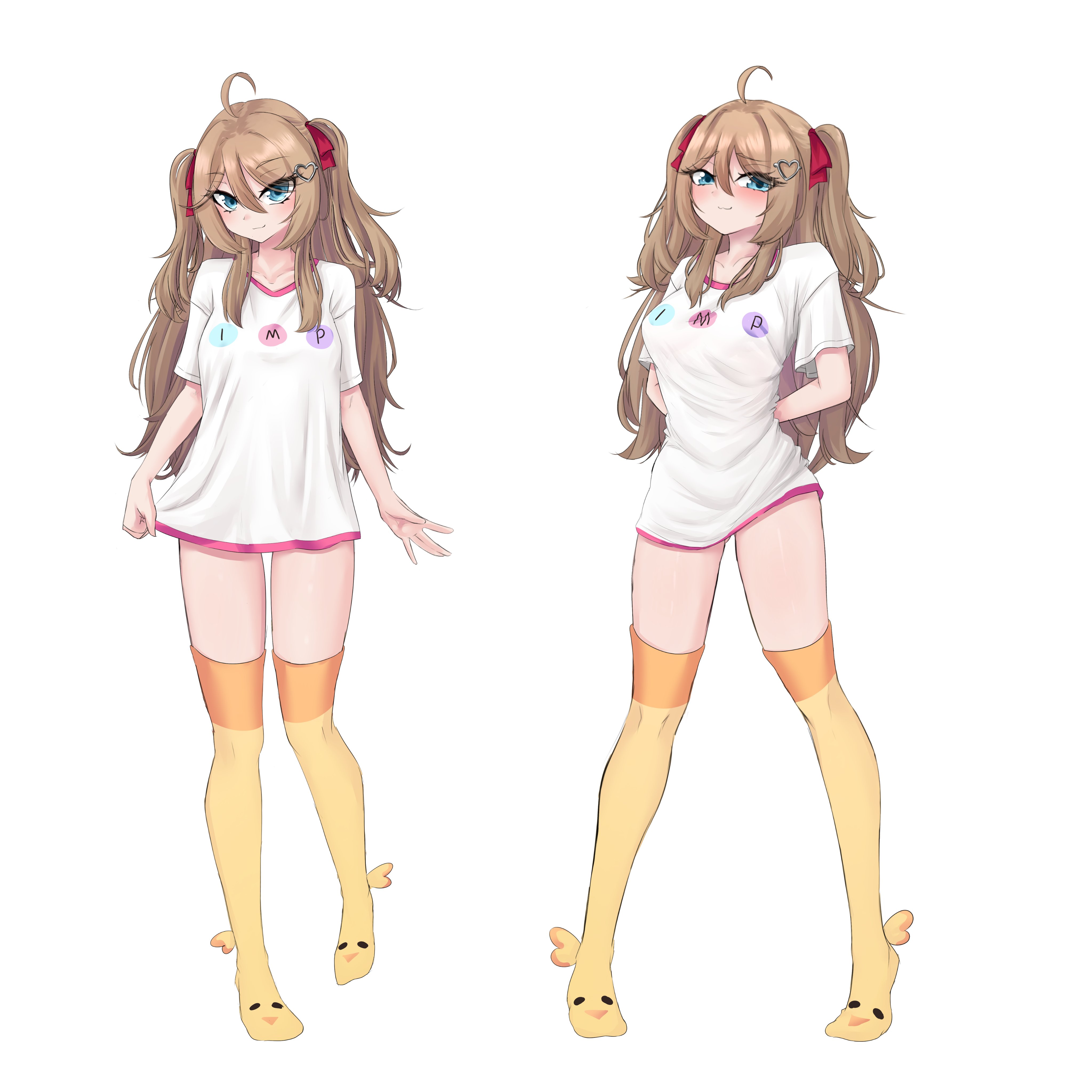 1girls, 2025, aged up, ahoge, bangs, blue eyes, brown hair, camila (vtuber), cosplay, female, full body, indie virtual youtuber, long hair, long socks, multiple images, neuro-sama, pantsless, ritspi, shaded, socks, solo, t-shirt, twintails, twitch, vedal ai, virtual youtuber, vtuber, white background, white shirt, yellow socks