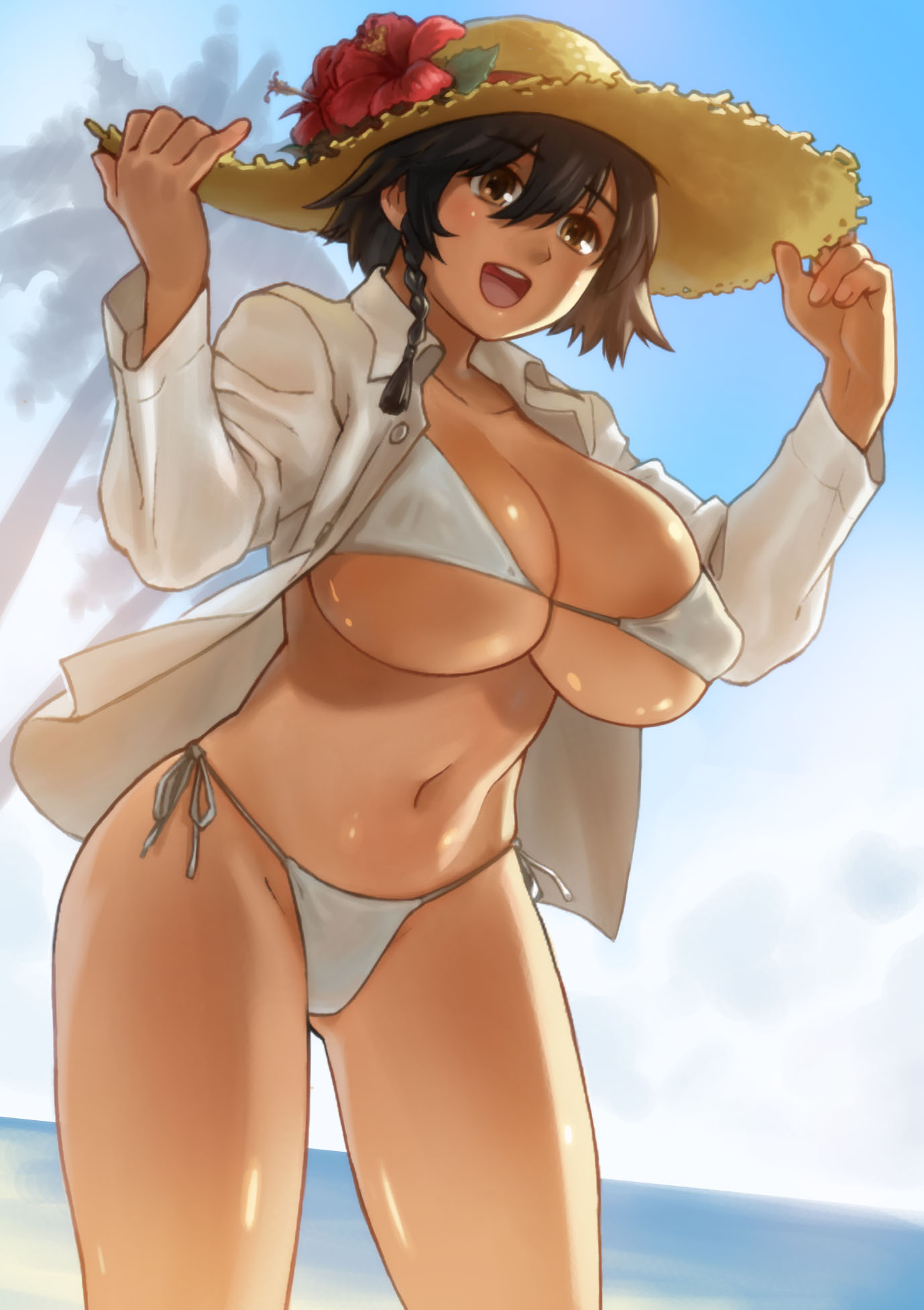 asakura_(mmmikedaya) big_breasts braid brown_eyes brown_hair brown_hair camel_toe cameltoe flower_on_head midriff mmmikedaya narisokonai_(mmmikedaya) oc original_character pale-skinned_female pale_skin string_bikini sun_hat white_bikini white_shirt