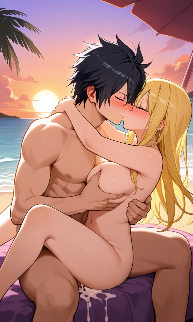 ai_generated bedroom blonde_pubic_hair fairy_tail fingering_pussy gray_fullbuster groping_breasts kissing lucy_heartfilia masturbation pixai smile spread_legs