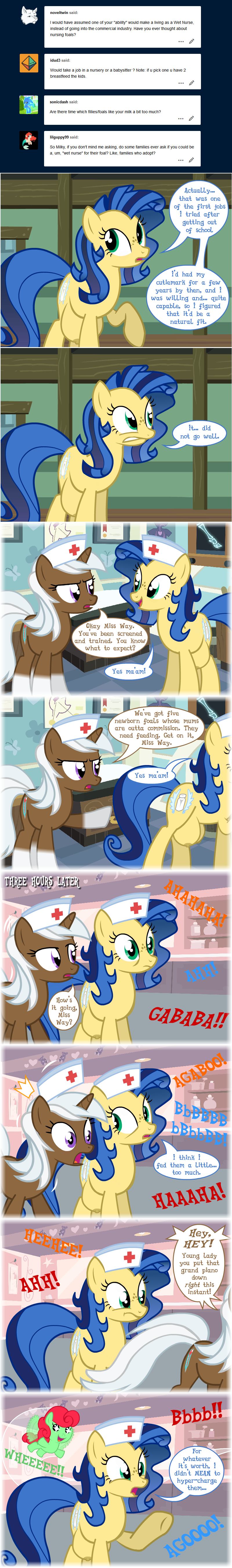 ask_blog baby baby_pony big_crotchboobs comic crotchboobs dialogue english_text flashequestria hat huge_crotchboobs implied_nursing implied_suckling impossibly_large_crotchboobs milky_way_(mlp) my_little_pony nipples nude nurse nurse_cap nurse_hat oc oc_only pony shenanigans speech_bubble text tumblr