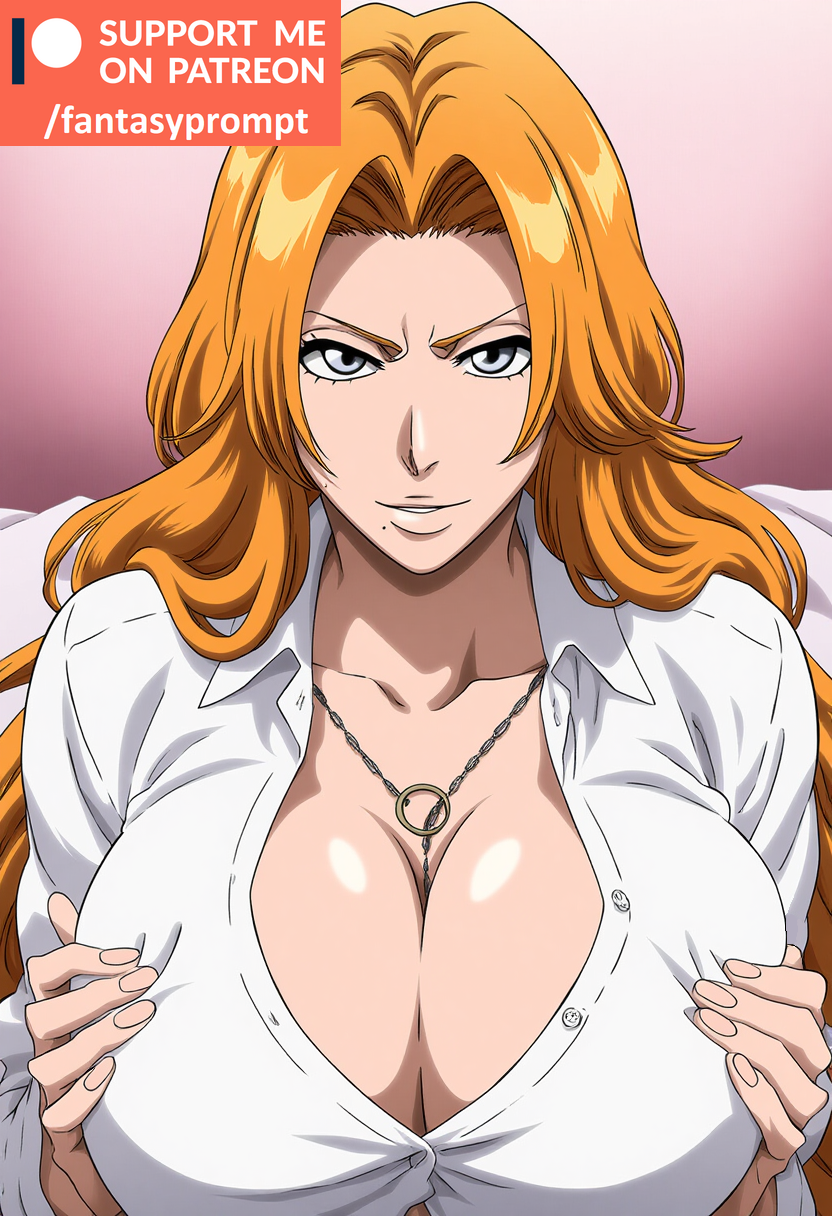 ai_generated bleach breasts_squeezed_together cleavage fantasyprompt female female female_only hands_on_breasts huge_breasts long_hair matsumoto_rangiku orange_hair revealing_clothes school_uniform schoolgirl white_eyes white_shirt