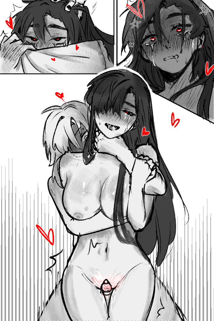 2girls alien_stage bite_mark_on_shoulder blush breasts completely_nude completely_nude_female crying ear_piercing eyebrow_piercing genderswap_(mtf) heart ivan_(alien_stage) long_hair red_pupils sex_from_behind strap-on till_(alien_stage) vagina yuri