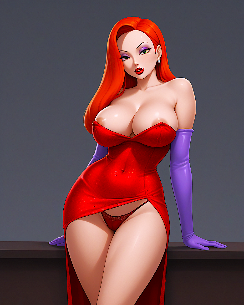 ai_generated big_breasts gloves jessica_rabbit looking_at_viewer nipples panties red_dress red_hair red_lipstick thighs who_framed_roger_rabbit