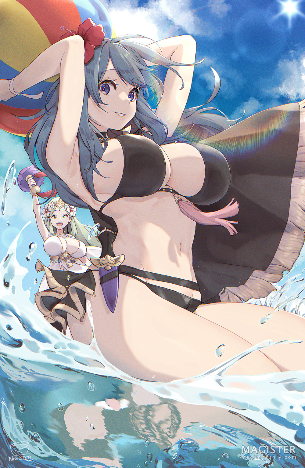 2girls, arm up, arms behind head, arms up, bikini, black bikini, blue eyes, blue hair, blue sky, breasts, byleth (fire emblem), byleth (summer) (fire emblem) (female), cleavage, cloud, dagger, female, female only, fire emblem, fire emblem heroes, flower, green eyes, green hair, hair flower, hair ornament, highres, knife, large breasts, magister, magister (bigbakunyuu), multiple females, multiple girls, navel, nintendo, parted lips, partially submerged, rhea (fire emblem), rhea (summer) (fire emblem), sky, splashing, sun, swimsuit, tassel, thighs, water, weapon, white bikini