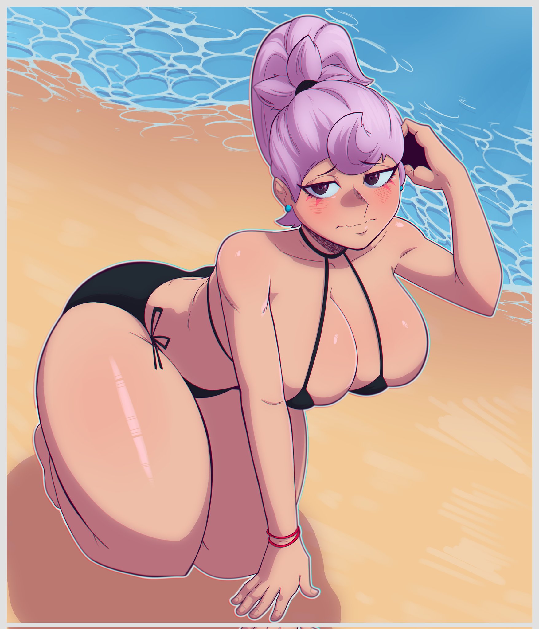 1girls, ass, beach, beach background, big ass, big breasts, bikini, black bikini, brawl stars, breasts, cat pose, female, hand on head, janet (brawl stars), nervous face, orange thejuice, pink hair, purple eyes, supercell, tagme (artist)