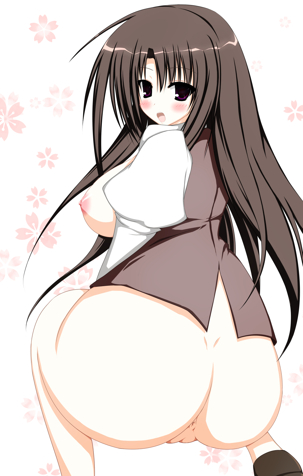 akaba_chizuru anus areolae ass black_eyes bottomless breasts brown_hair female female from_behind highres huge_ass large_breasts long_hair looking_back lovelovemaid nipples no_bra open_mouth pussy school_uniform seitokai_no_ichizon shirt shoes solo squatting uncensored