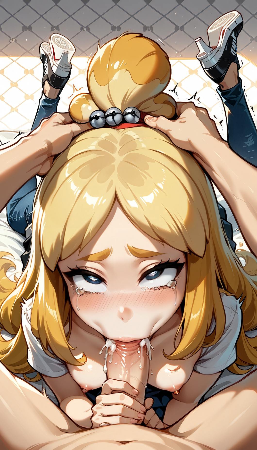 1boy 1girls ahe_gao ai_generated animal_crossing crying cum_in_mouth cumming_in_mouth grabbing_head hair_bun hands_on_head isabelle_(animal_crossing) jeans large_penis nipples out_of_frame shoes short_hair small_breasts sucking_penis veiny_penis yellow_hair