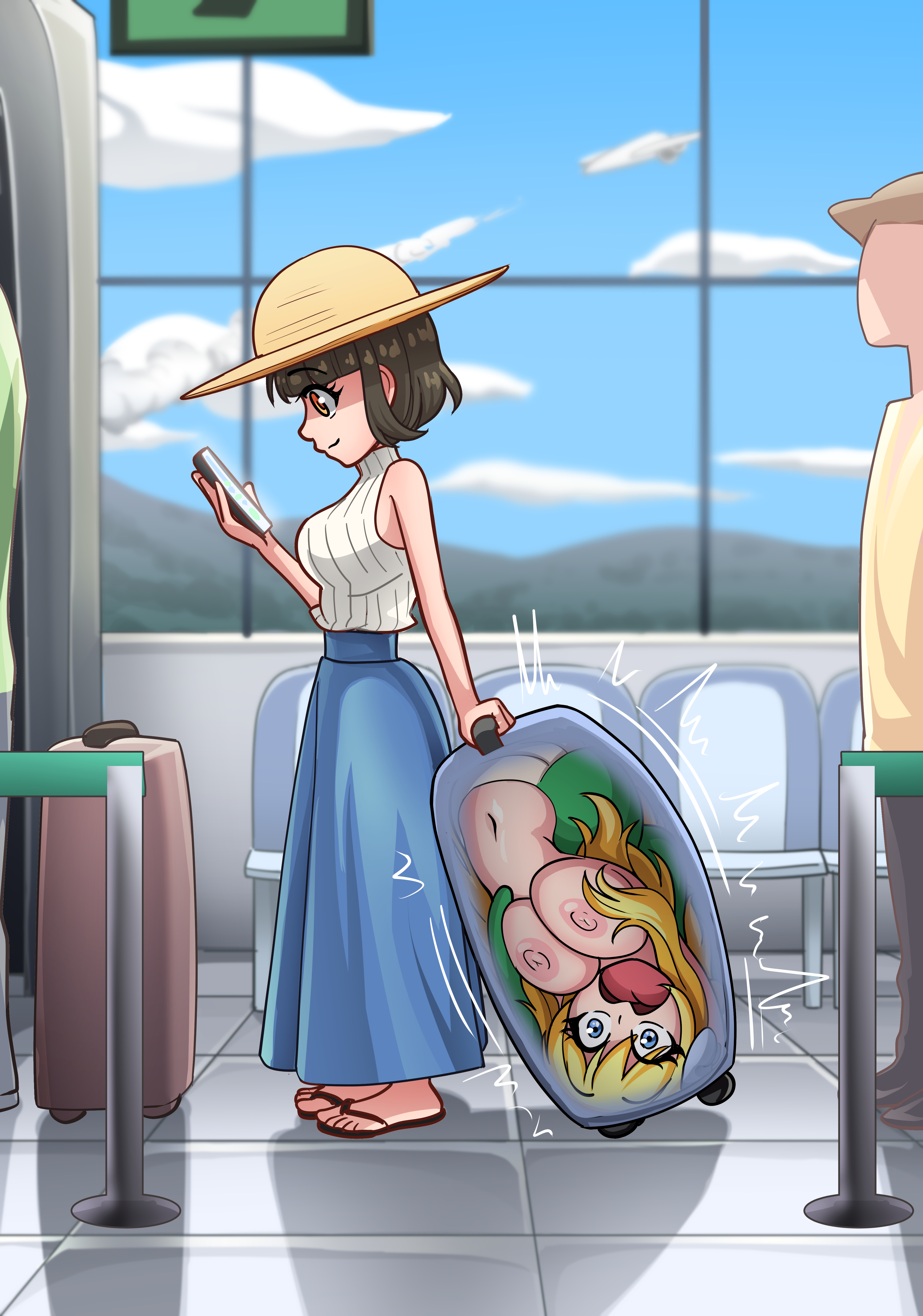 2girls, abducted, abduction, airplane, airport, belly button, black hair, blonde female, blonde hair, blue eyes, breasts, checking phone, clothed, clothed female, clothed female nude female, cloud, clouds, commission, commission art, commissioner upload, cuuki0, female, floor tiles, girl in a suitcase, hair ribbon, hat, huge areolae, huge breasts, in container, in suitcase, jashin-chan, jashin-chan dropkick, kidnapped, kidnapped female, kidnapped girl, kidnapping, lamia, large breasts, long hair, luggage, monster girl, naga, navel, need this myself, nipples, open mouth, sandals, screaming, screaming for help, seat, seats, short hair, skirt, sky background, sleeveless, sleeveless turtleneck, smartphone, snake girl, snake tail, suitcase, sun hat, tachibana mei (jashin-chan dropkick), tagme, tongue, topless, upside-down, waiting in line, yellow eyes, yuri