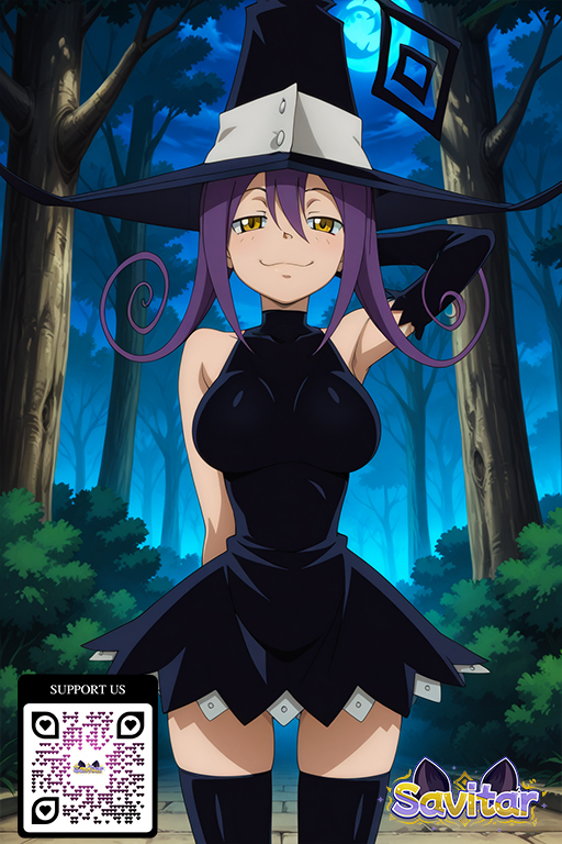 :3 ai_generated bangs bare_shoulders black_dress black_headwear black_legwear black_thighhighs blair_(soul_eater) blush breasts closed_mouth clothing detached_sleeves dress elbow_gloves female forest gloves hair_between_eyes halloween hat headwear large_breasts legwear littlehentai long_hair looking_at_viewer moon nature night night_sky outdoors pov purple_hair savitar savitar_(artist) sky smile solo soul_eater spellcaster standing thighhighs thighs tree witch witch_hat yellow_eyes zettai_ryouiki