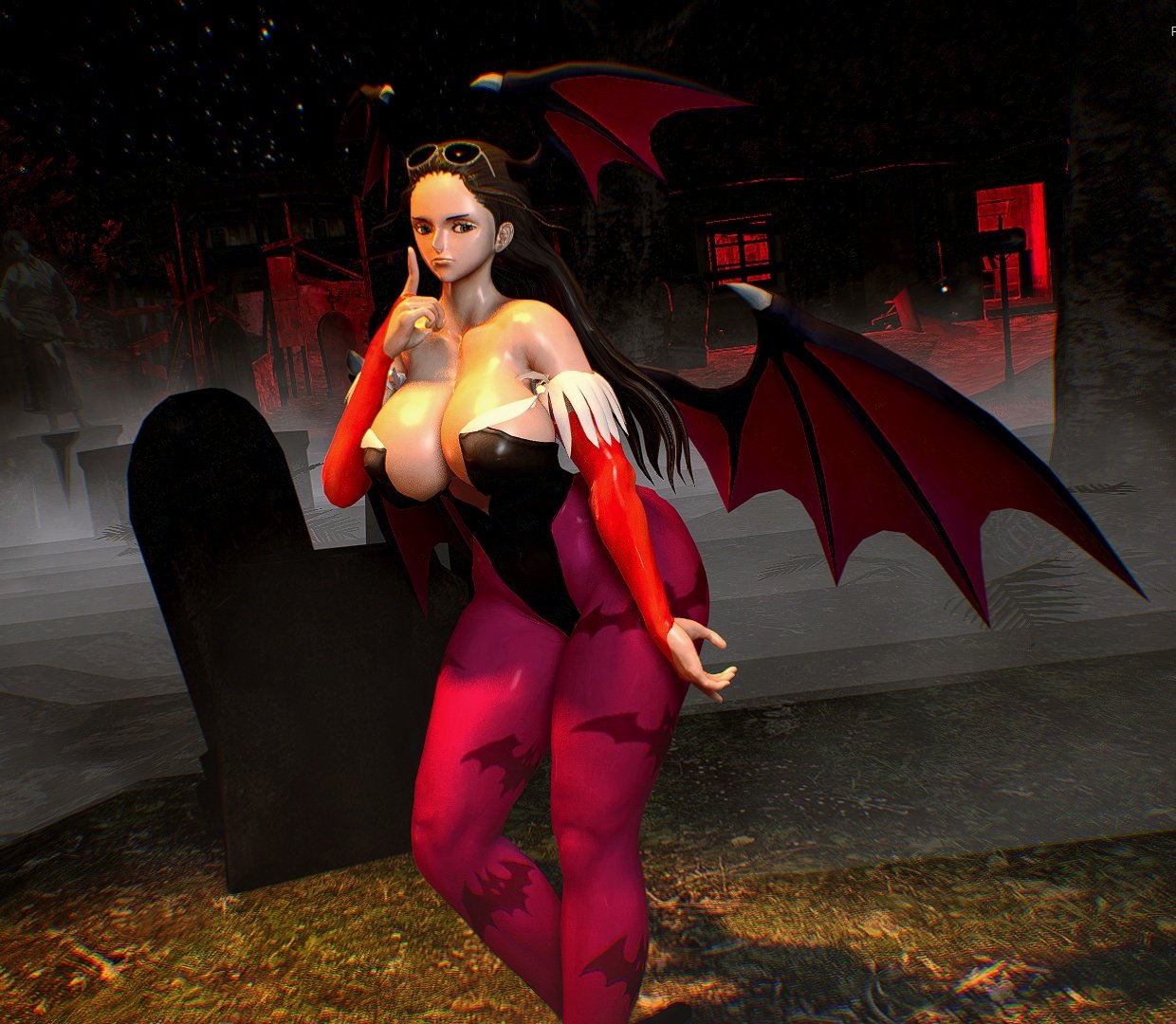 1girls 3d big_breasts black_hair breasts cosplay darkstalkers female female_only head_wings huge_breasts large_breasts morrigan_aensland_(cosplay) nico_robin one_piece thenamelessone wings wunderwise