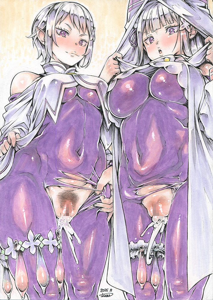 2girls, after sex, after vaginal, belly, belly button, big breasts, boobs, breasts, cloak, condom, condom belt, creampie, cum, cum in pussy, elf, elf ears, elf female, emilia (re:zero), exposed pussy, fortuna (re:zero), half-elf, harurun, harurunn, hips, jumpsuit, large breasts, latex suit, looking at viewer, mother and daughter, purple eyes, re:zero kara hajimeru isekai seikatsu, ripped clothing, silver hair, standing, thick thighs, tight clothing, tight fit, underboob