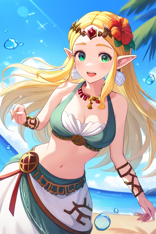 ai_generated alternate_costume beach clothed elf elf_ears elf_female green_eyes legend_of_zelda novelai princess_zelda the_legend_of_zelda