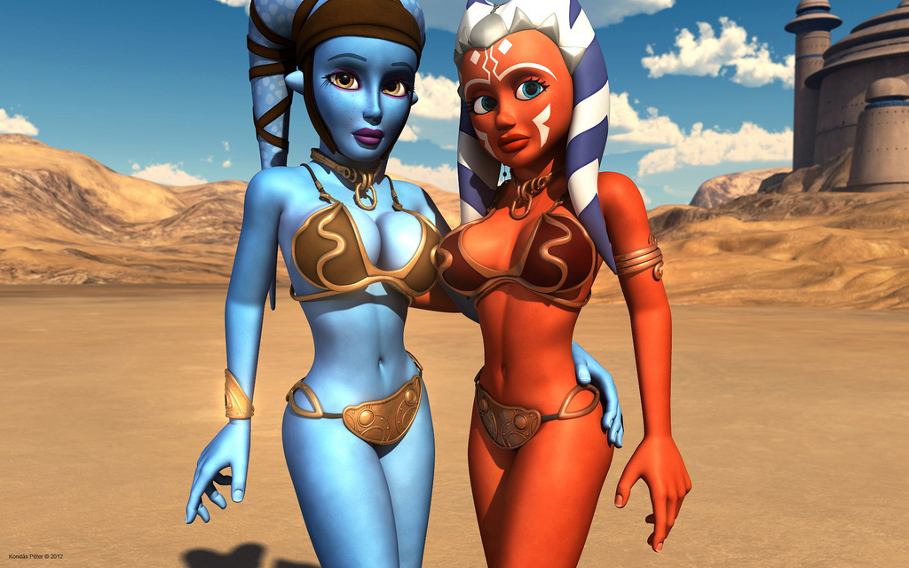 2012 2girls 3d aayla_secura ahsoka_tano alien armlet bikini bracelet breasts busty cleavage clone_wars eyeliner eyeshadow female female_only jabba's_palace jedi jedi_master jedi_padawan kondaspeter large_breasts lekku lipstick makeup metal_bikini multiple_girls star_wars tatooine the_clone_wars:_season_four togruta twi'lek voluptuous yuri