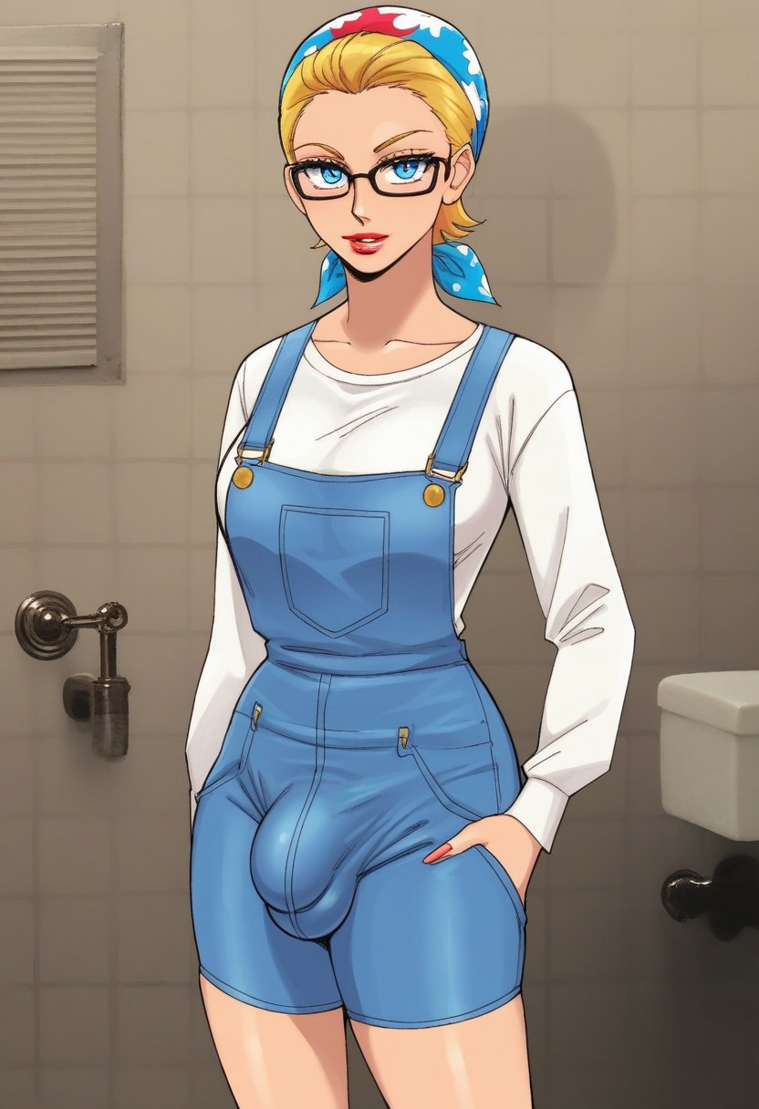 1futa 2d 2d_(artwork) ai_generated anasheya_(style) blonde_hair blonde_hair_futa blondshell blue_eyes civitai denim_overalls futa_only futanari glasses light-skinned_futanari light_skin long_sleeves overalls solo solo_futa white_sweater