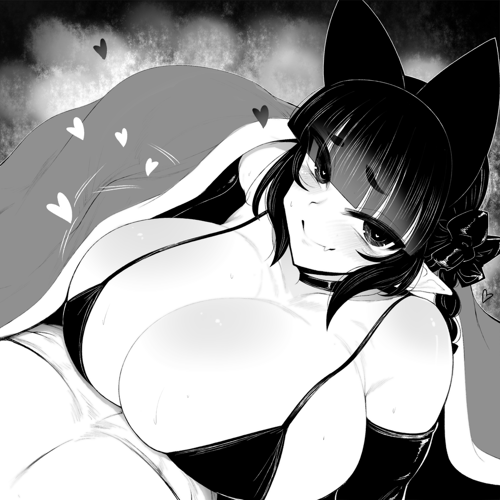 1girls bikini black_and_white breasts cat_ears catgirl choker cleavage gigantic_breasts haseru_(ginku_mh) heart-shaped_pupils huge_breasts kaenbyou_rin long_ears monochrome pointy_ears rin_kaenbyou short_hair smiling touhou under_covers