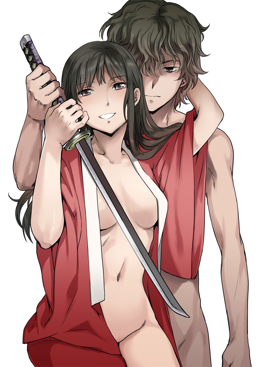 1boy arm arm_around_neck arms bare_shoulders black_hair breasts brown_eyes brown_hair clenched_teeth clothed_female_nude_male couple cuvie female grin hair_over_one_eye holding japanese_clothes katana kimono long_hair looking_at_viewer mound_of_venus navel no_bra no_panties nude open_clothes open_kimono original purple_eyes serious short_hair simple_background smile standing sword teeth weapon white_background wide_sleeves