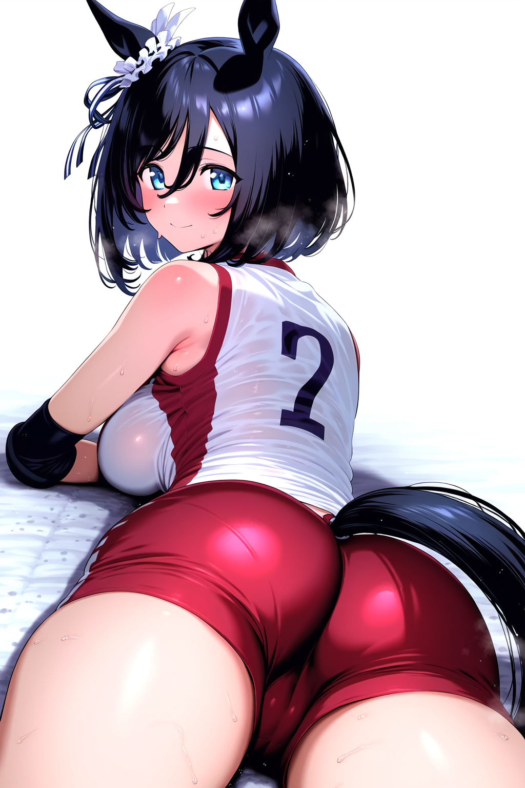 ai_generated animal_ears ass black_hair blue_eyes breasts eishin_flash_(umamusume) female hair_accessory hairclip horse_girl sportswear umamusume umamusume_pretty_derby