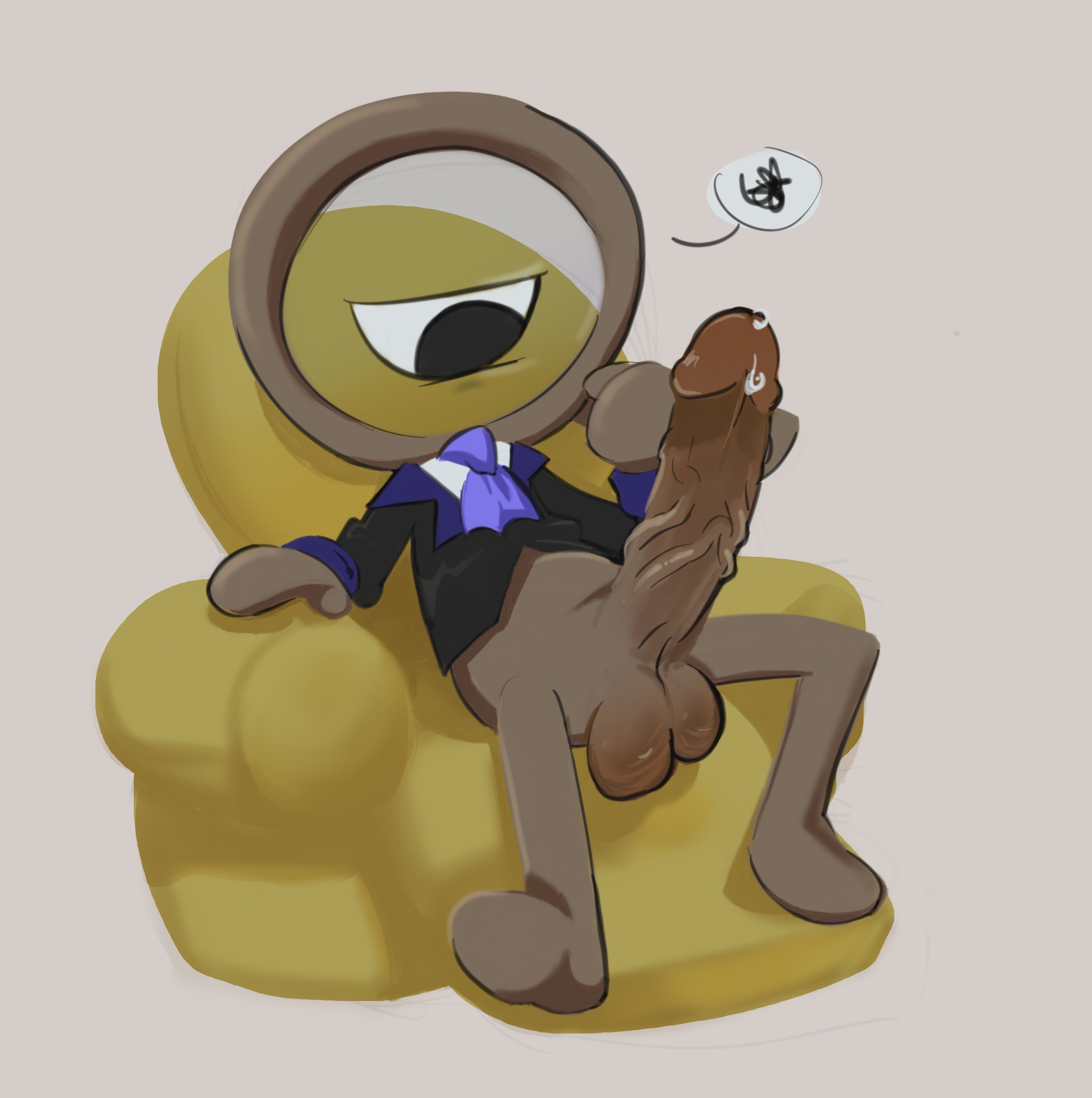 1 eye, 1boy, annoyed, annoyed expression, artist request, balls, ballsack, big penis, black suit, brown body, brown skin, dandy's world, gay, huge cock, large penis, large vein, large veiny penis, legs spread, looking at penis, magnifying glass, male, male only, no background, no mouth, no pants, penis, precum, rodger (dandy's world), sitting, sitting on sofa, sofa, suit, suit and tie, veiny penis, white background
