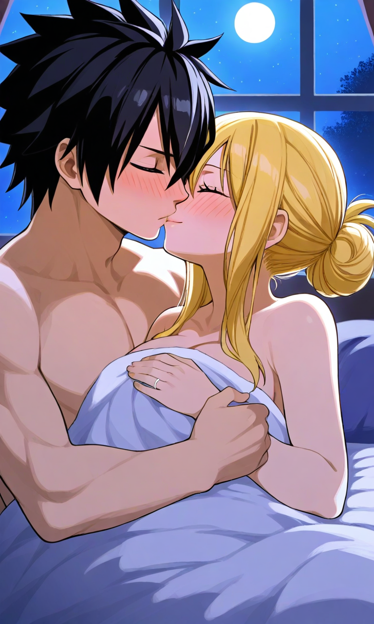 ai_generated bedroom black_hair blonde_hair bun fairy_tail gray_fullbuster imminent_sex kissing lucy_heartfilia married_couple married_sex moonlight naked night_sky romantic_couple wedding_ring wholesome_sex