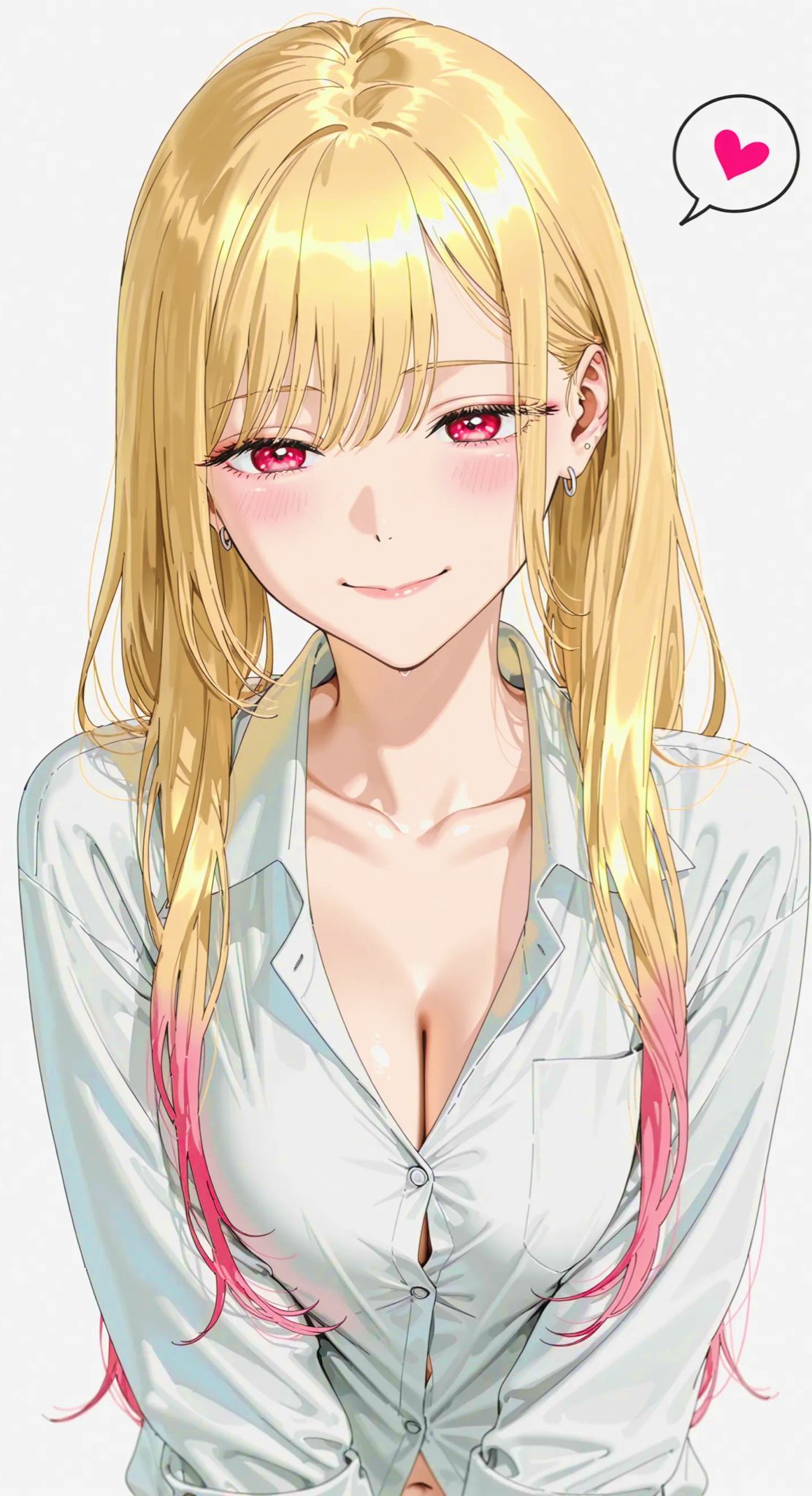 1girls blonde_hair blush breasts cleavage earrings kitagawa_marin lipstick long_hair medium_breasts multicolored_hair pink_eyes sono_bisque_doll_wa_koi_wo_suru white_background white_shirt white_skin